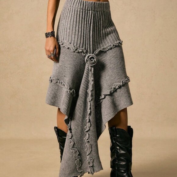 Dark Grey Casual Womens rose detailed knit skirt - Picture 4 of 8